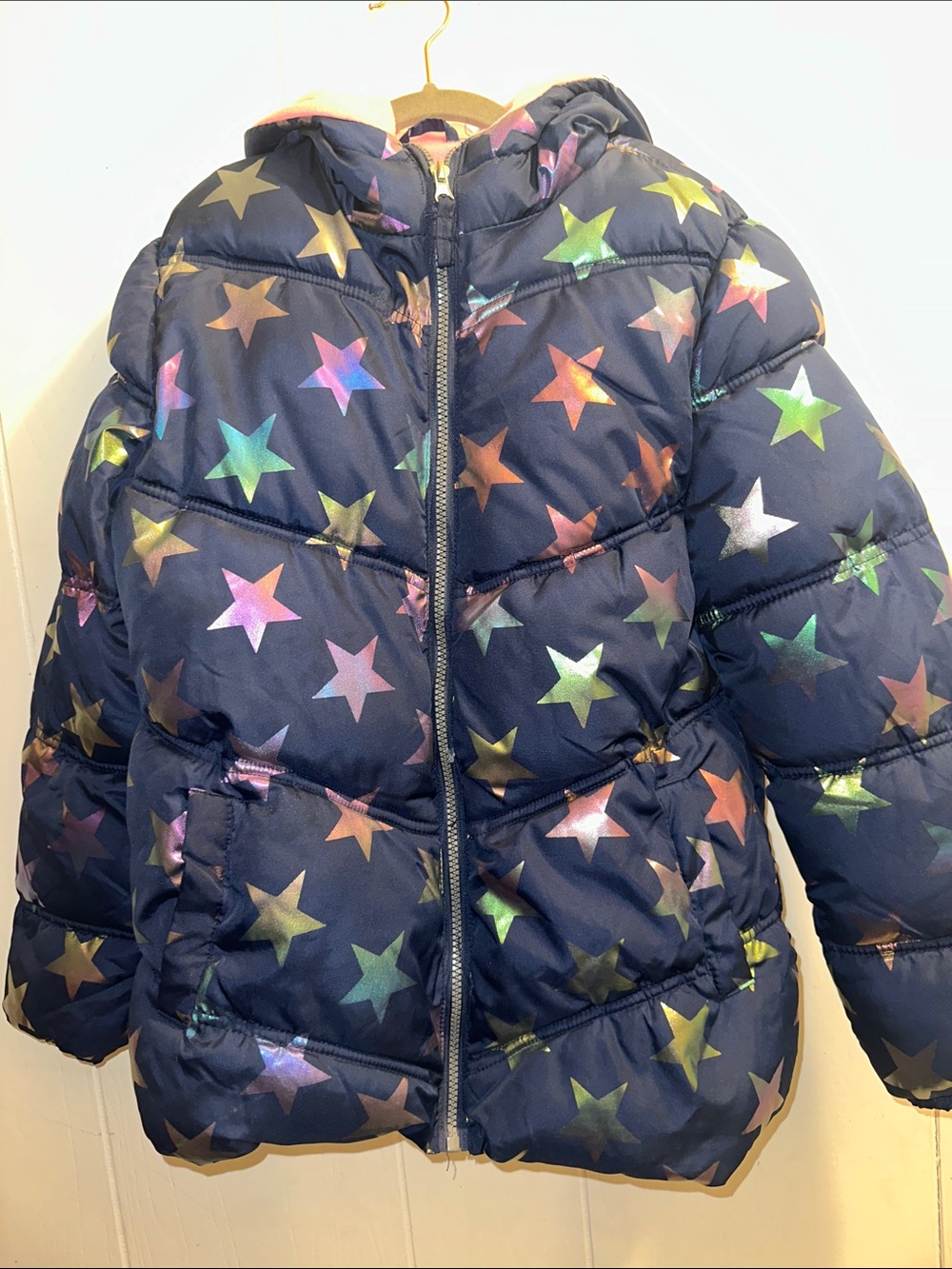 Pink Platinum Navy Star Print Puffer with Pink Hood Lining - Picture 2 of 10